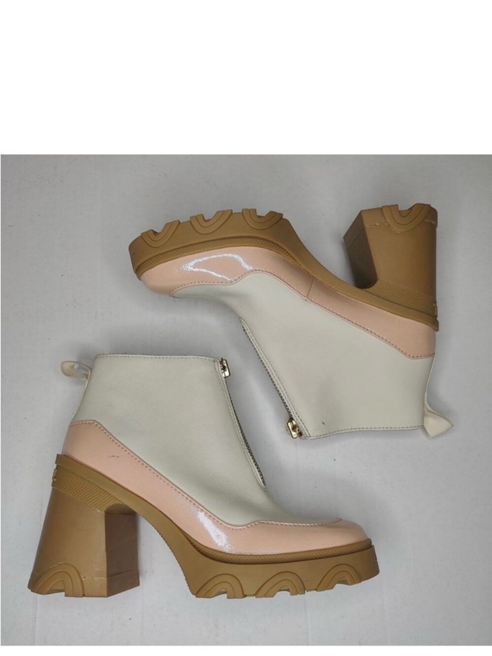Sorel Two-Tone Chunky Heel Ankle Boots in Cream, Pink and Tan